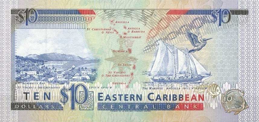 Back of East Caribbean States p27u: 10 Dollars from 1993
