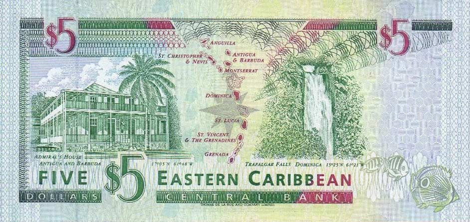 Back of East Caribbean States p31m: 5 Dollars from 1994