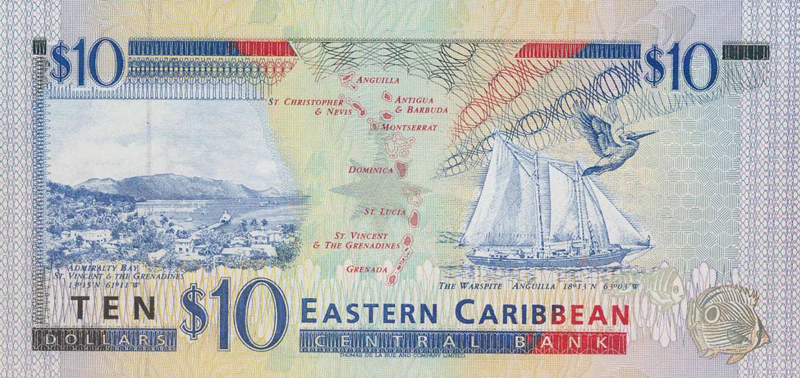 Back of East Caribbean States p32m: 10 Dollars from 1994