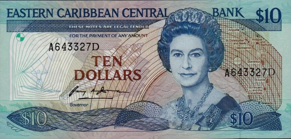 Front of East Caribbean States p23d1: 10 Dollars from 1985