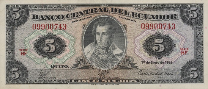 Front of Ecuador p100c: 5 Sucres from 1958