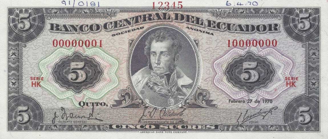 Front of Ecuador p100s: 5 Sucres from 1956