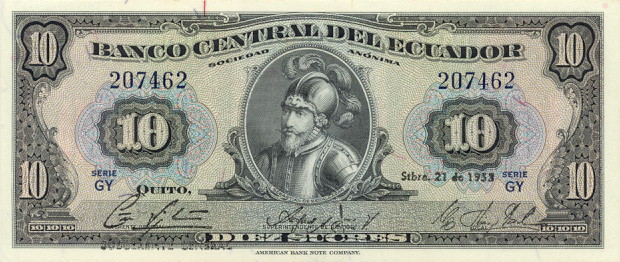 Front of Ecuador p101b: 10 Sucres from 1953