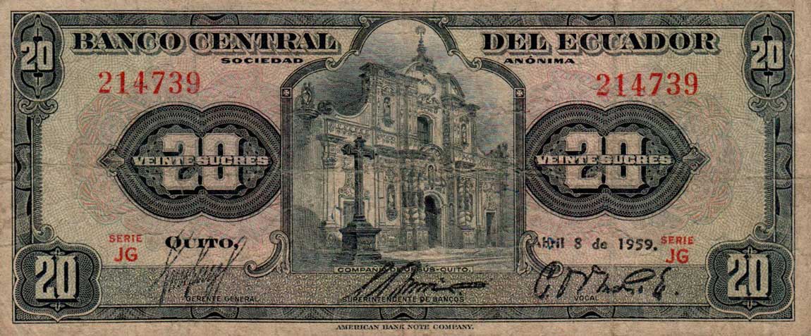 Front of Ecuador p102a: 20 Sucres from 1950