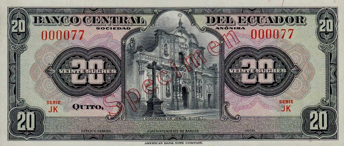 Front of Ecuador p102s: 20 Sucres from 1950