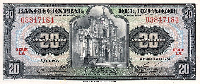 Front of Ecuador p103b: 20 Sucres from 1968