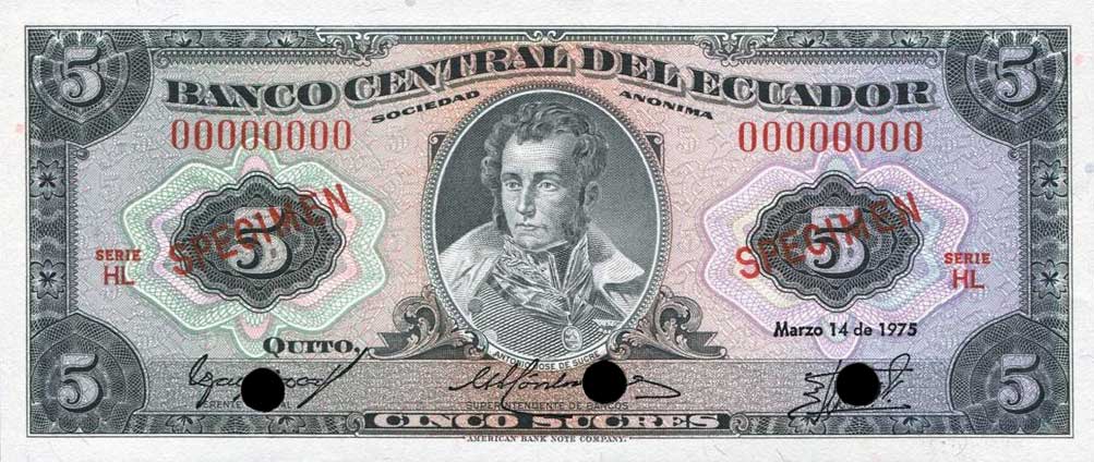 Front of Ecuador p108s: 5 Sucres from 1975