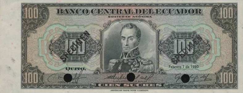 Front of Ecuador p112s: 100 Sucres from 1980