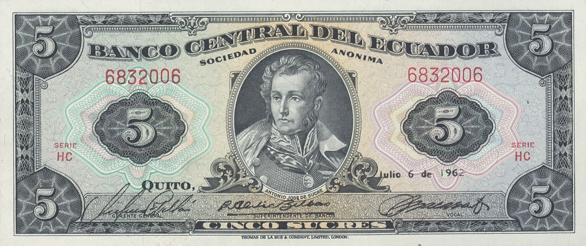 Front of Ecuador p113a: 5 Sucres from 1958