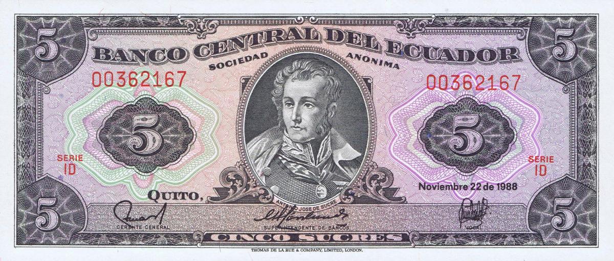 Front of Ecuador p113d: 5 Sucres from 1988