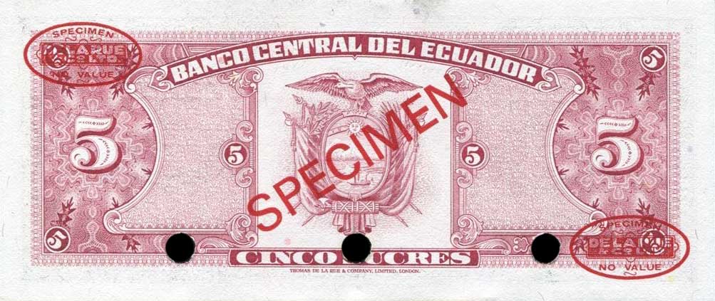 Back of Ecuador p113s: 5 Sucres from 1958