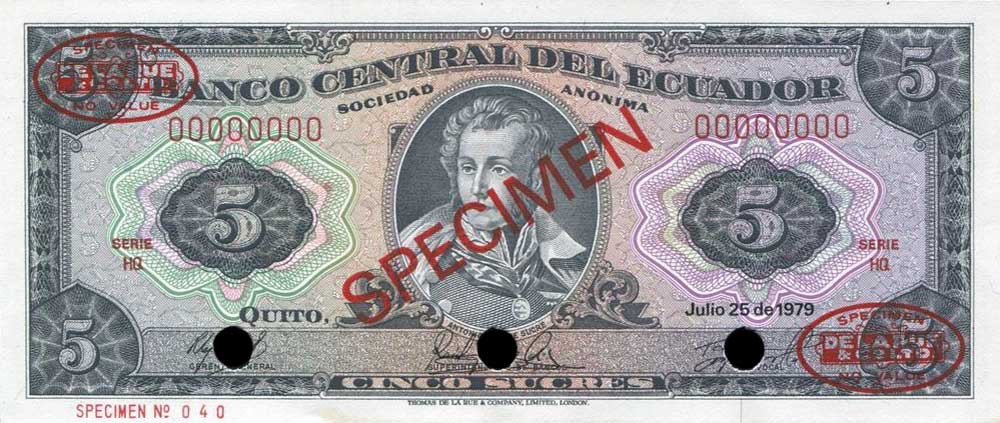 Front of Ecuador p113s: 5 Sucres from 1958