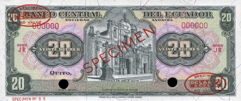 Front of Ecuador p115s1: 20 Sucres from 1961