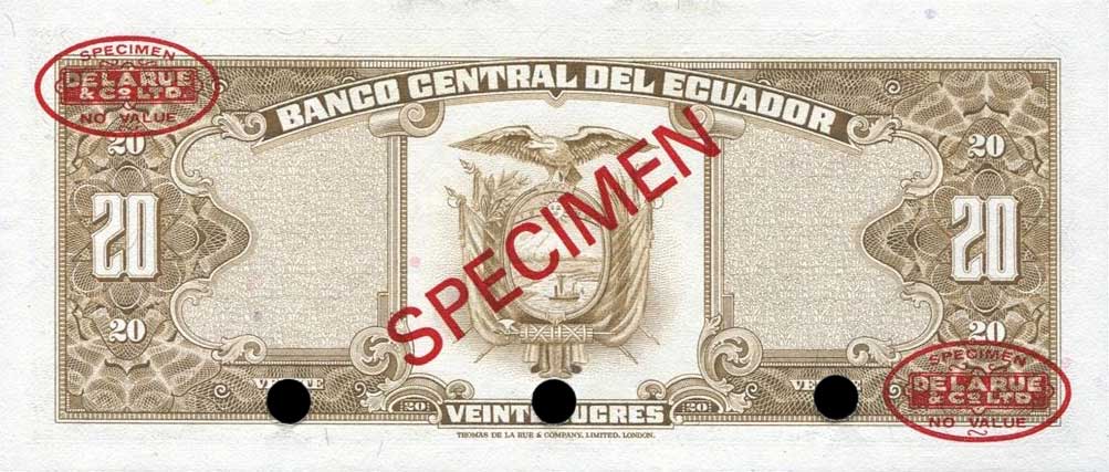 Back of Ecuador p115s2: 20 Sucres from 1980