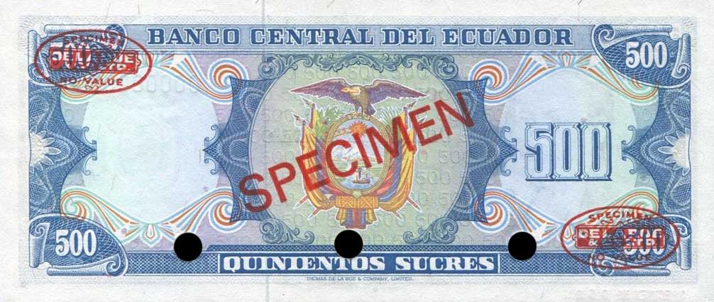 thumbnail image 2 of Ecuador 500 Sucres 1988 P-124A UNC Last PRE-US Dollar Era Banknote 2 of 2
