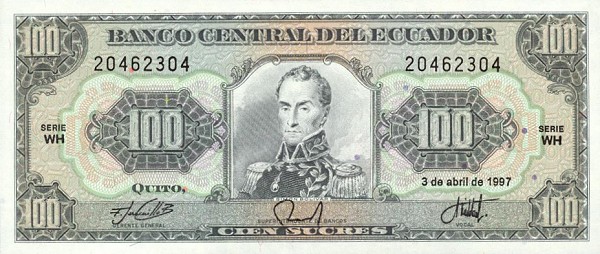 Front of Ecuador p123Ad: 100 Sucres from 1997