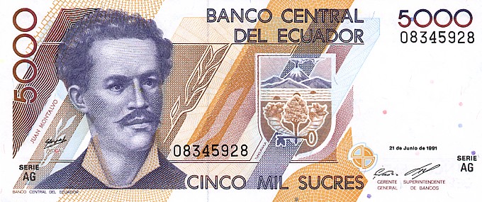 Front of Ecuador p128a: 5000 Sucres from 1991