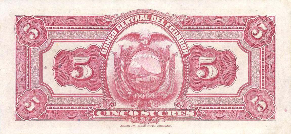 Back of Ecuador p84a: 5 Sucres from 1928