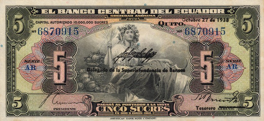 Front of Ecuador p84b: 5 Sucres from 1938