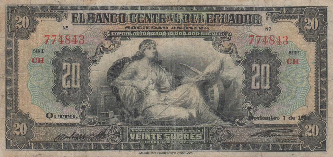 Front of Ecuador p86a: 20 Sucres from 1928