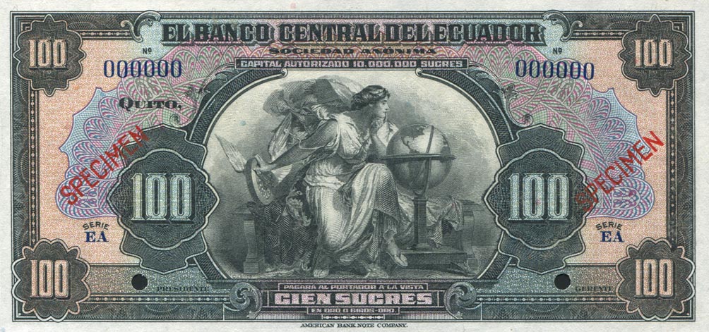 Front of Ecuador p88s: 100 Sucres from 1928