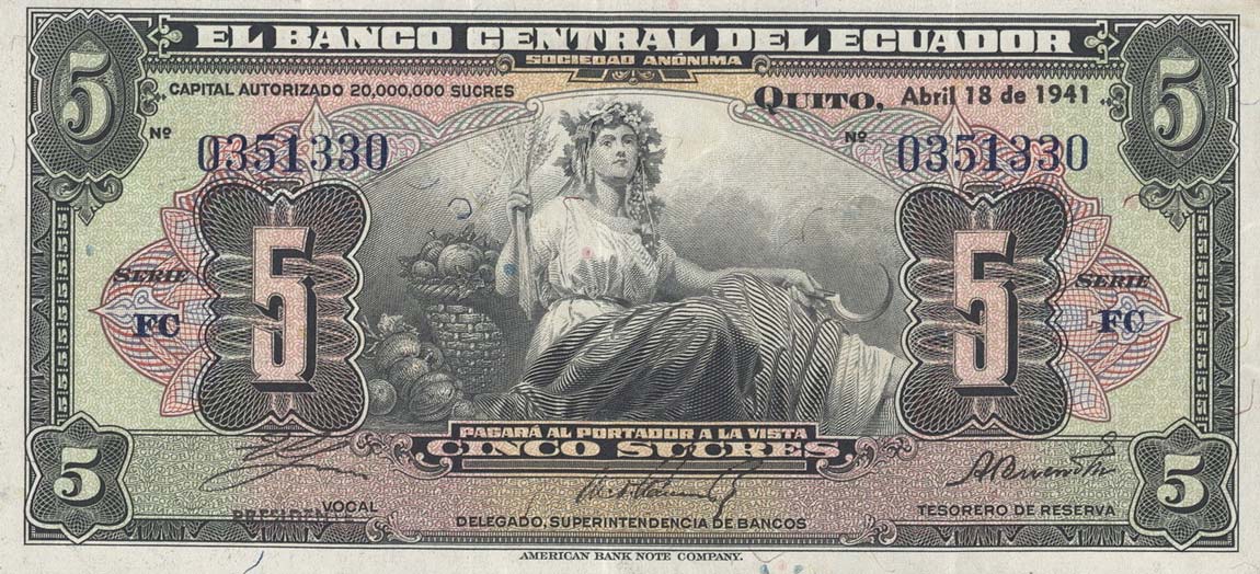 Front of Ecuador p91a: 5 Sucres from 1940
