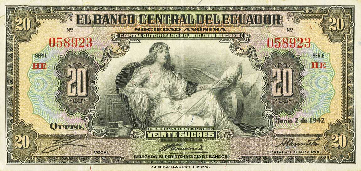 Front of Ecuador p93a: 20 Sucres from 1939