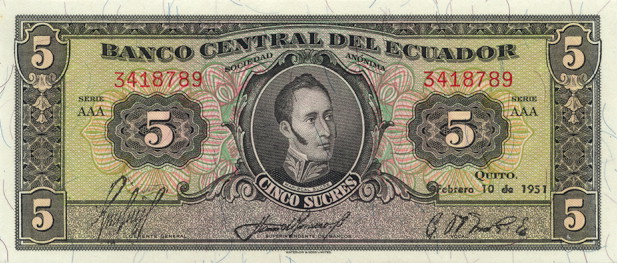 Front of Ecuador p98a: 5 Sucres from 1950