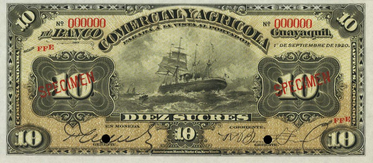 Front of Ecuador pS128s: 10 Sucres from 1916