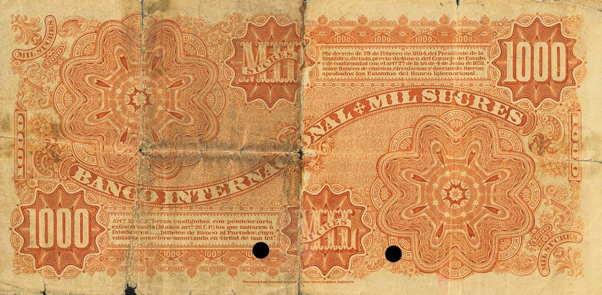 Back of Ecuador pS179Act: 1000 Sucres from 1886