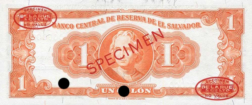Back of El Salvador p100s: 1 Colon from 1963