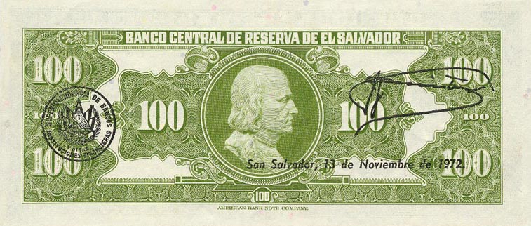 Back of El Salvador p107a: 100 Colones from 1965
