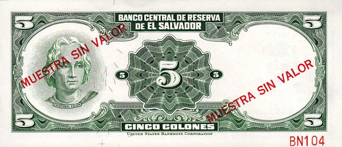 Back of El Salvador p111s1: 5 Colones from 1968
