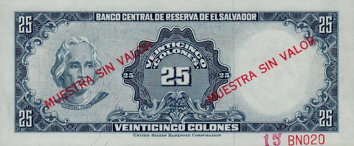 Back of El Salvador p113s: 25 Colones from 1970