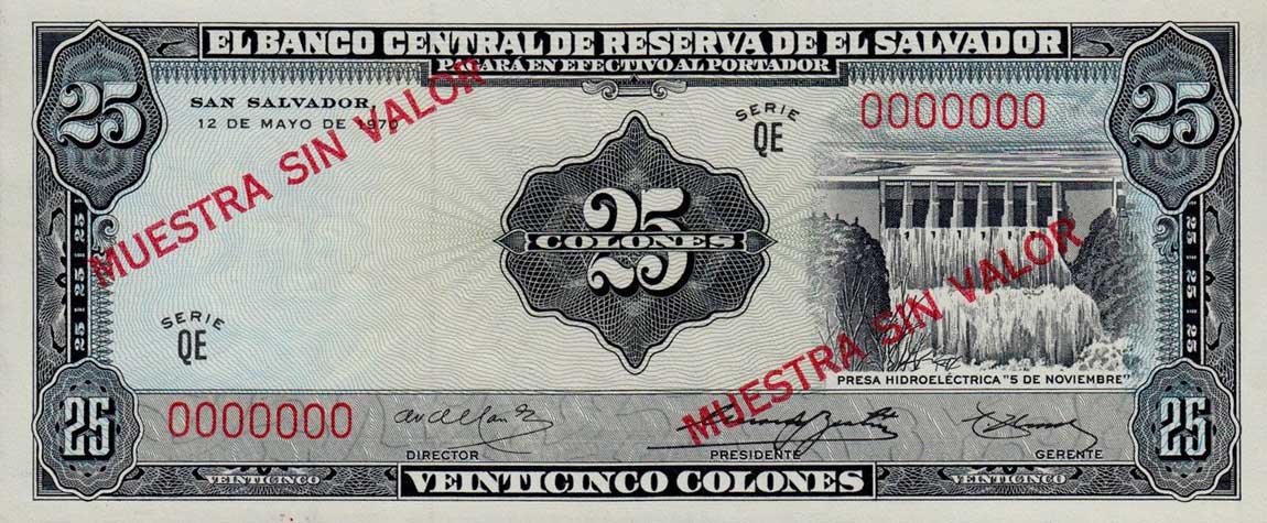 Front of El Salvador p113s: 25 Colones from 1970