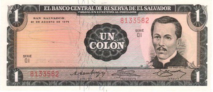 Front of El Salvador p115a: 1 Colon from 1971