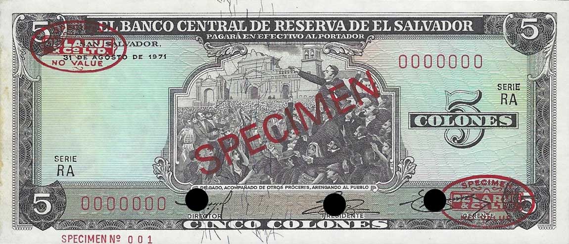 Front of El Salvador p117s: 5 Colones from 1971