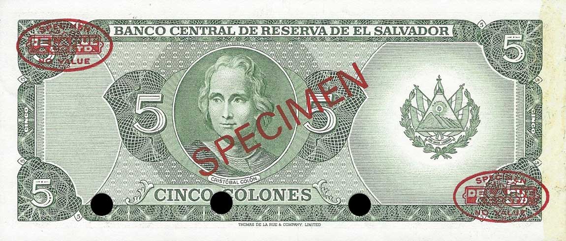 Back of El Salvador p126s: 5 Colones from 1977