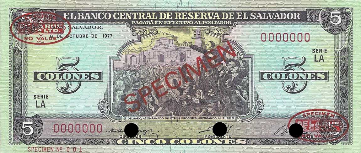 Front of El Salvador p126s: 5 Colones from 1977