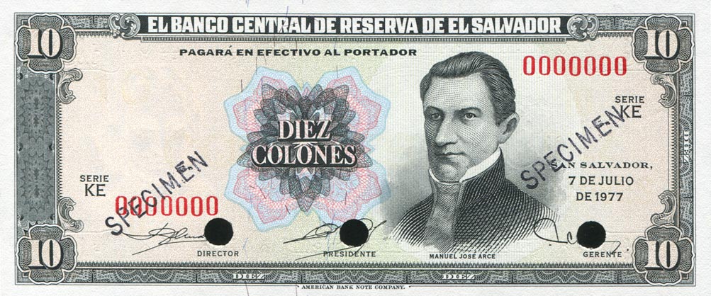 Front of El Salvador p127s: 10 Colones from 1977