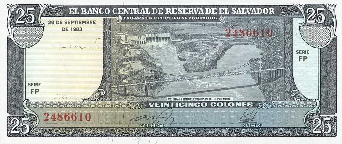 Front of El Salvador p136a: 25 Colones from 1983