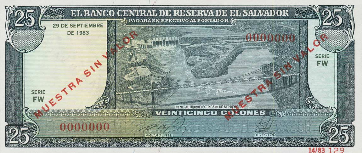 Front of El Salvador p136s: 25 Colones from 1983
