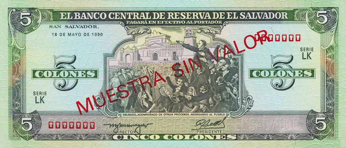 Front of El Salvador p138s: 5 Colones from 1990