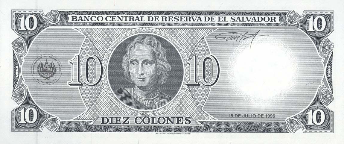 Back of El Salvador p144a: 10 Colones from 1996