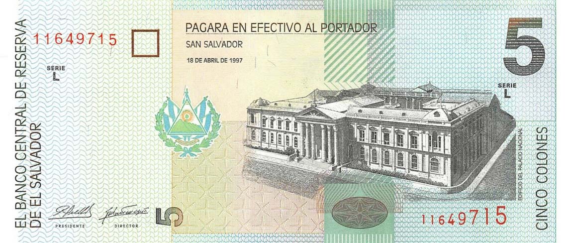 Front of El Salvador p147a: 5 Colones from 1997