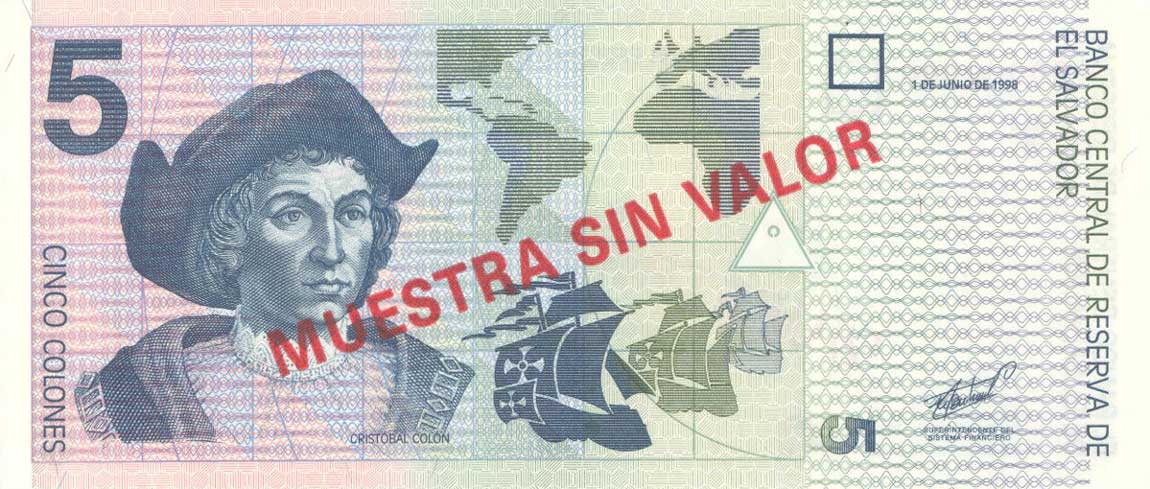 Back of El Salvador p147s: 5 Colones from 1997