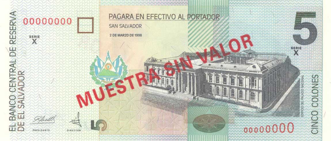 Front of El Salvador p147s: 5 Colones from 1997