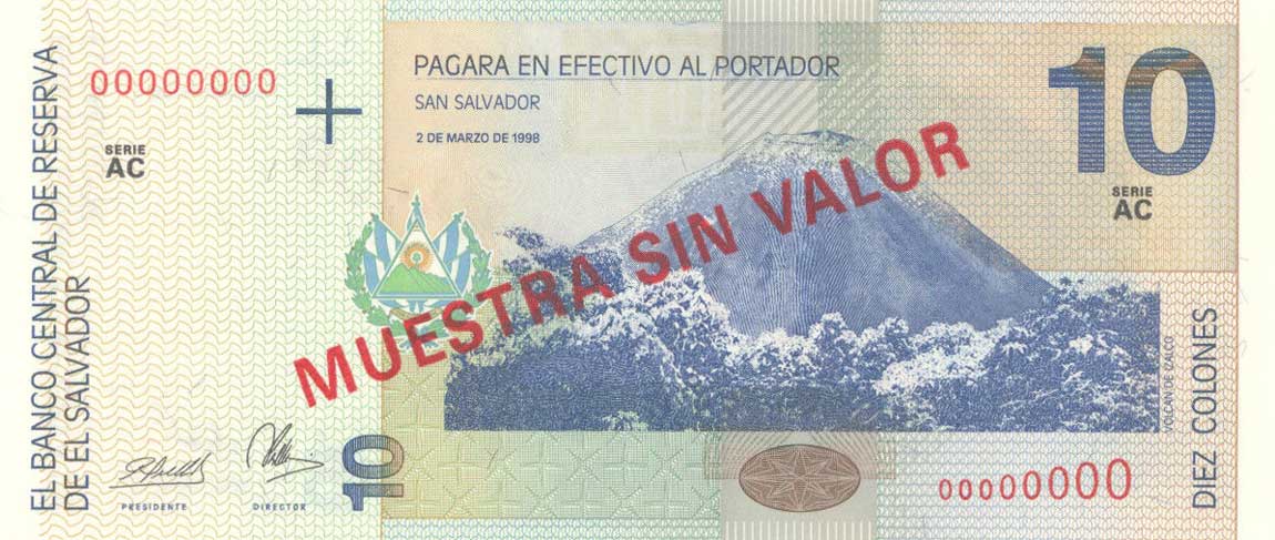 Front of El Salvador p148s: 10 Colones from 1997
