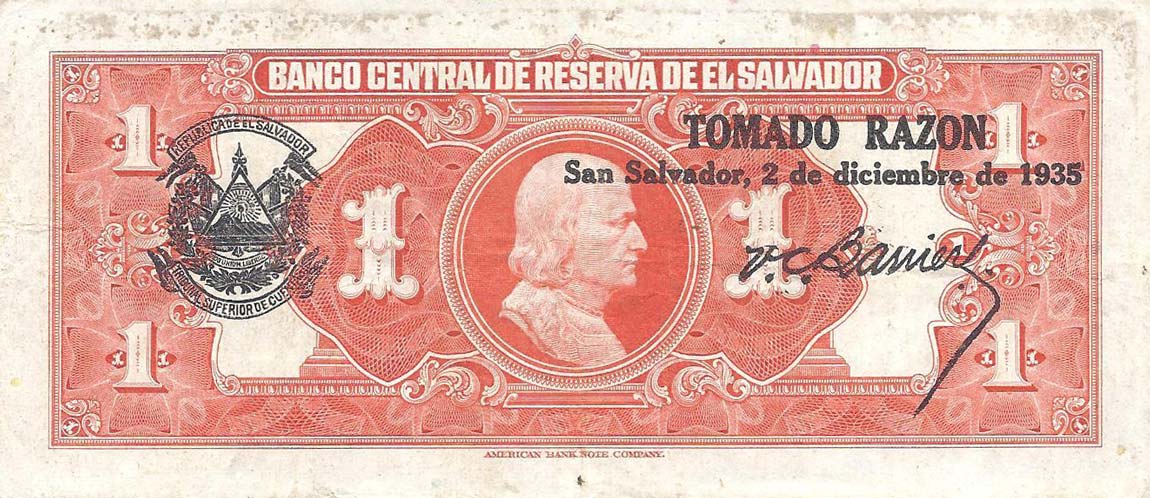 Back of El Salvador p75a: 1 Colon from 1934