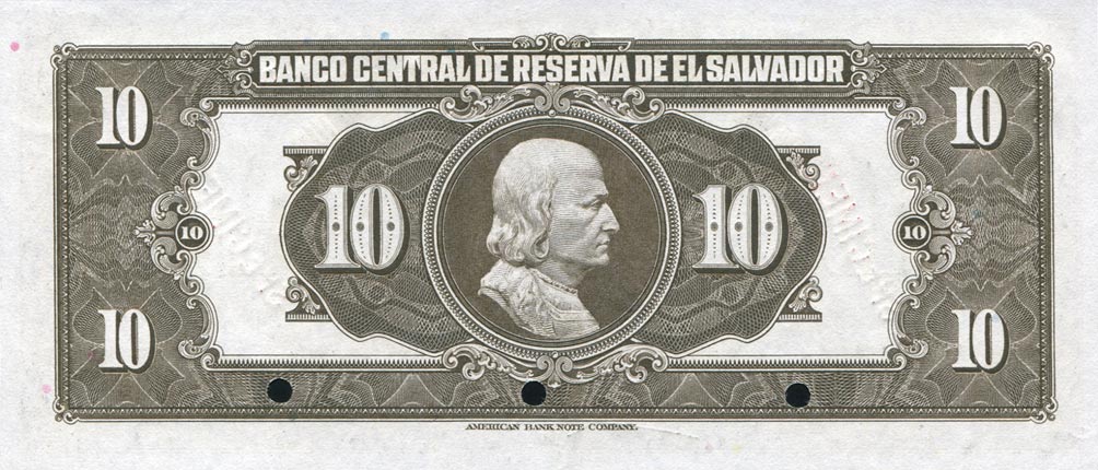 Back of El Salvador p78s: 10 Colones from 1934